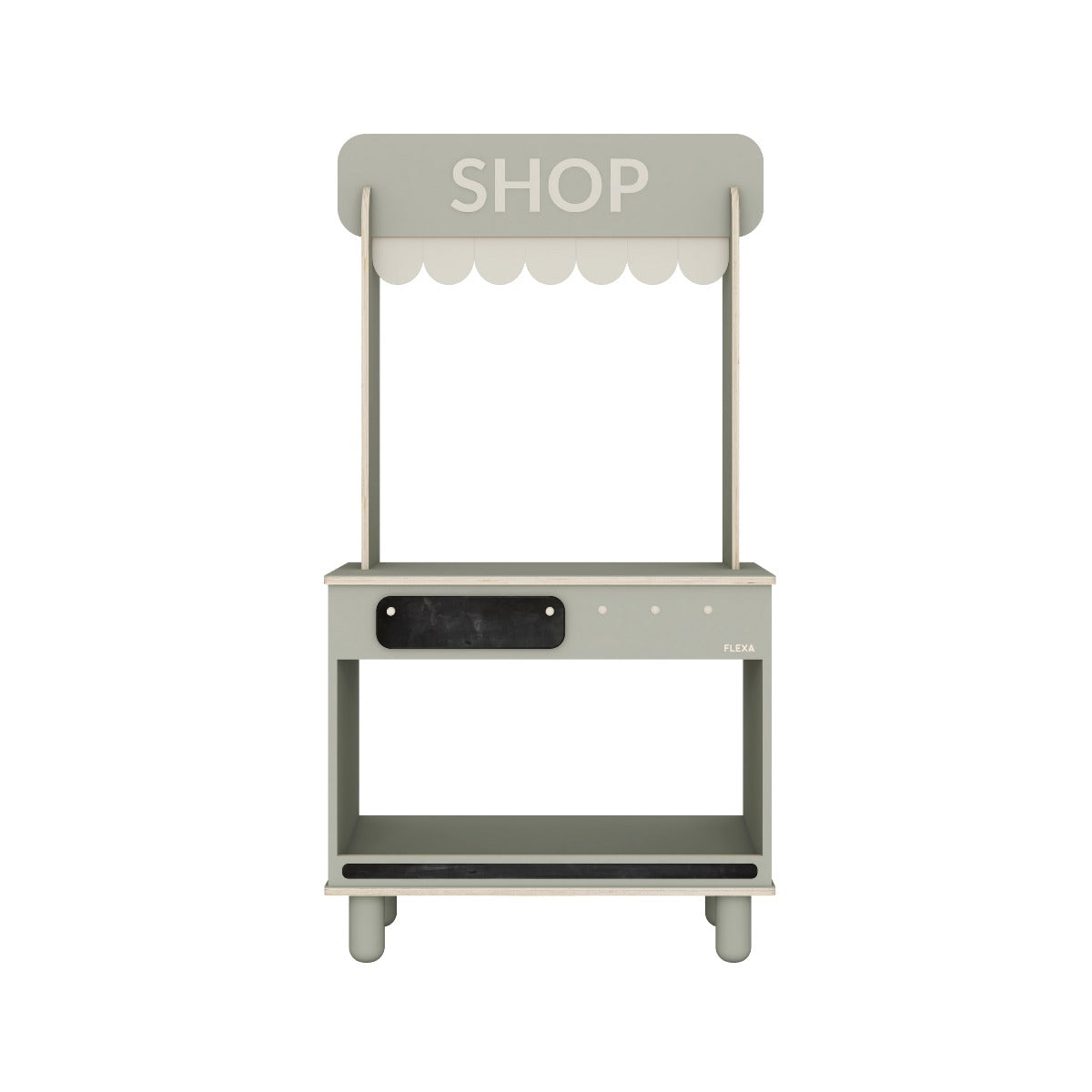 Gray wooden shop stand for Flexa Shop and Cafe, great with baby strollers and more