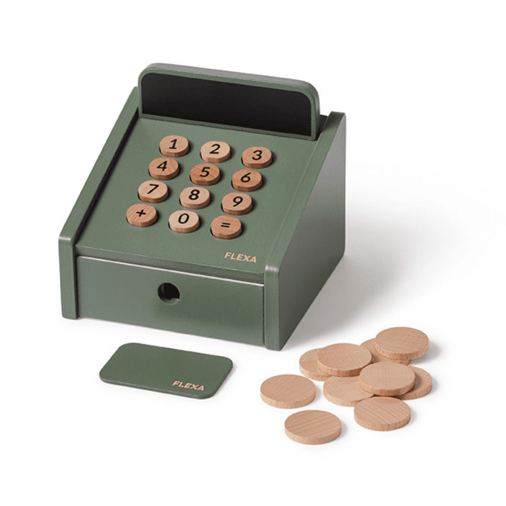 Green toy cash register with wooden buttons and coins, fun toy for kids, perfect for Odyssey Wagon Wheels playtime