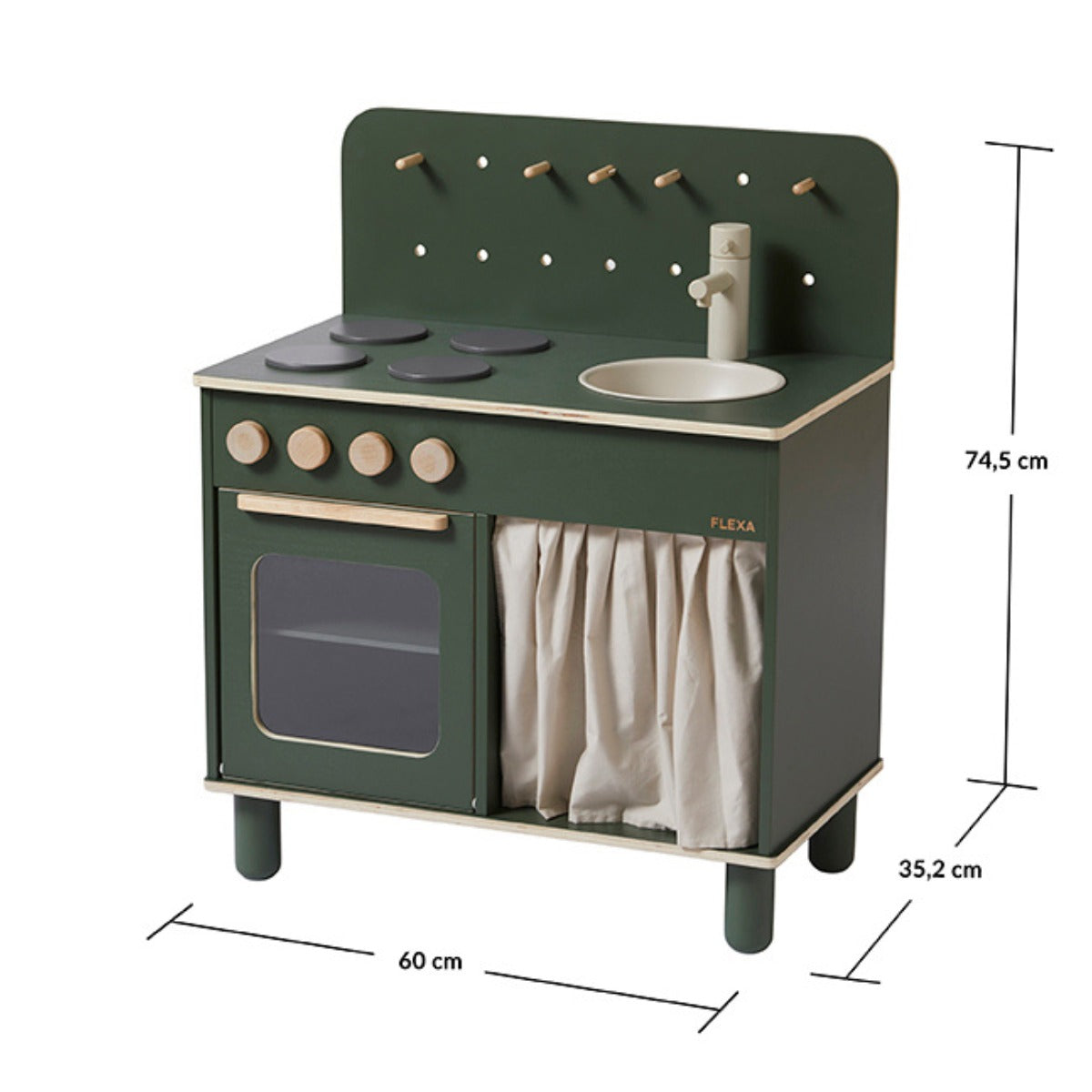 Green wooden toy kitchen from Flexa Kitchen for kids, perfect with Odyssey Wagon Wheels and baby strollers