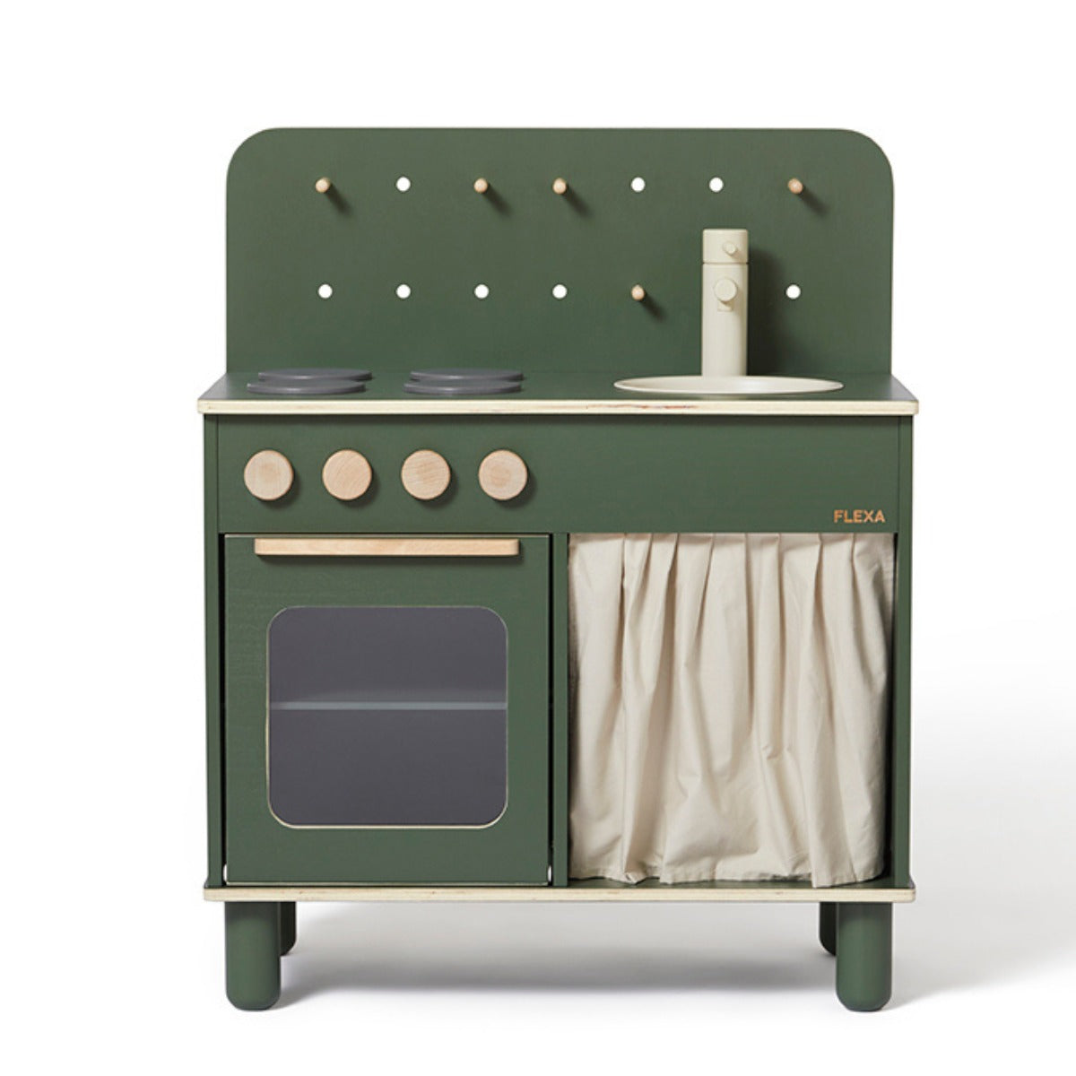 Green and beige toy kitchen from Flexa Kitchen, perfect for toddler playtime fun