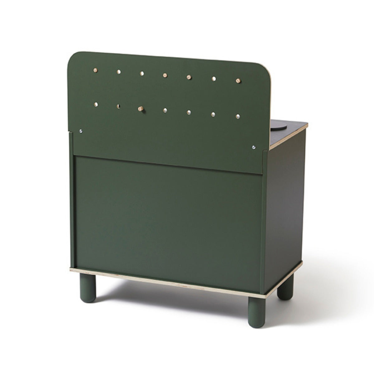 Green wooden cabinet with pegboard back from Flexa Kitchen, perfect for baby strollers and more