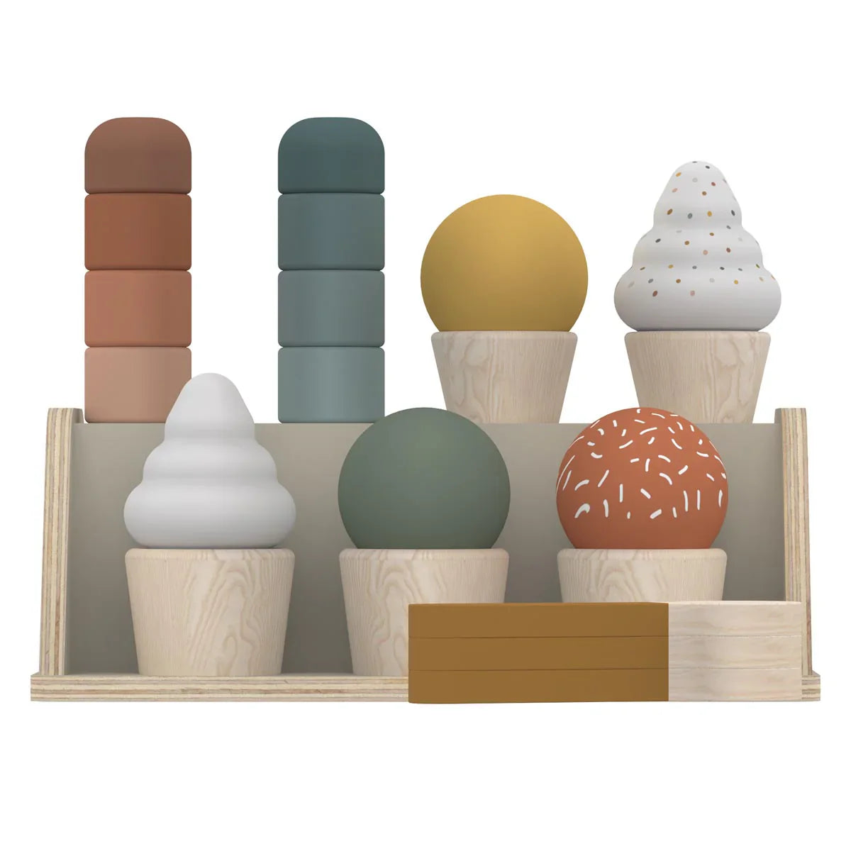 Wooden toy ice cream set from Flexa Ice Cream collection, perfect for Toshi Baby play