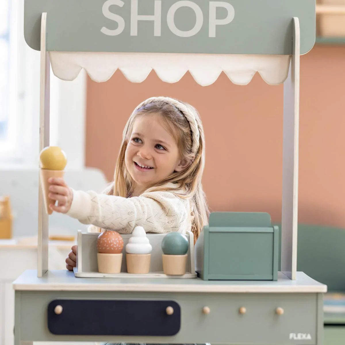 Wooden toy shop with ice cream from Flexa Flexa Ice Cream Set, perfect for Toshi Baby play