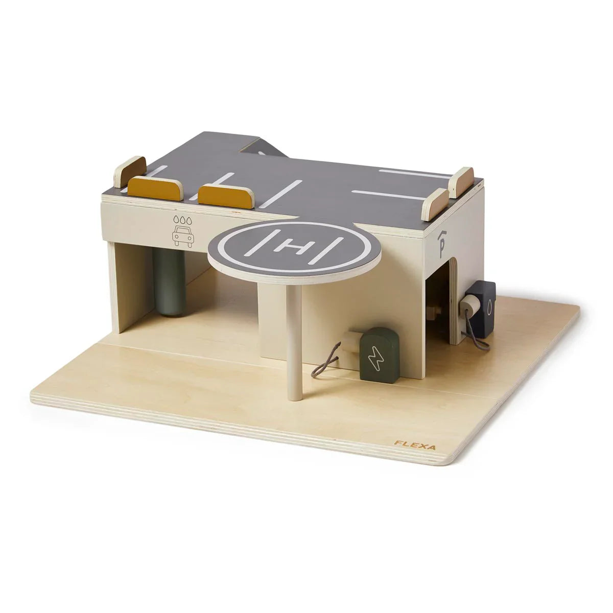 Flexa Wooden Parking Garage with two-level parking for kids and electric car charger