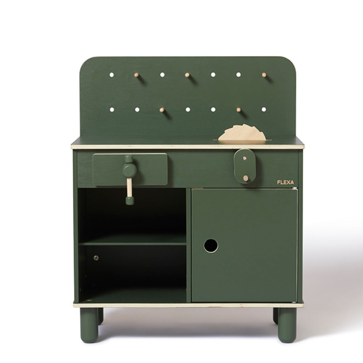 Green wooden toy workbench from Flexa Workbench, awesome for kids’ play time