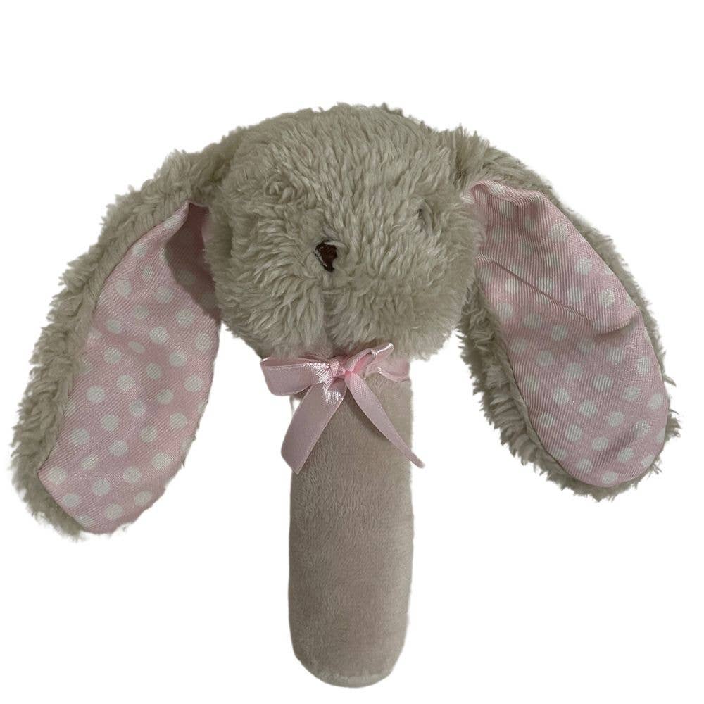 Gray plush bunny stick rattle with pink polka dot ears, perfect for toshi baby featuring a fluffy bunny design
