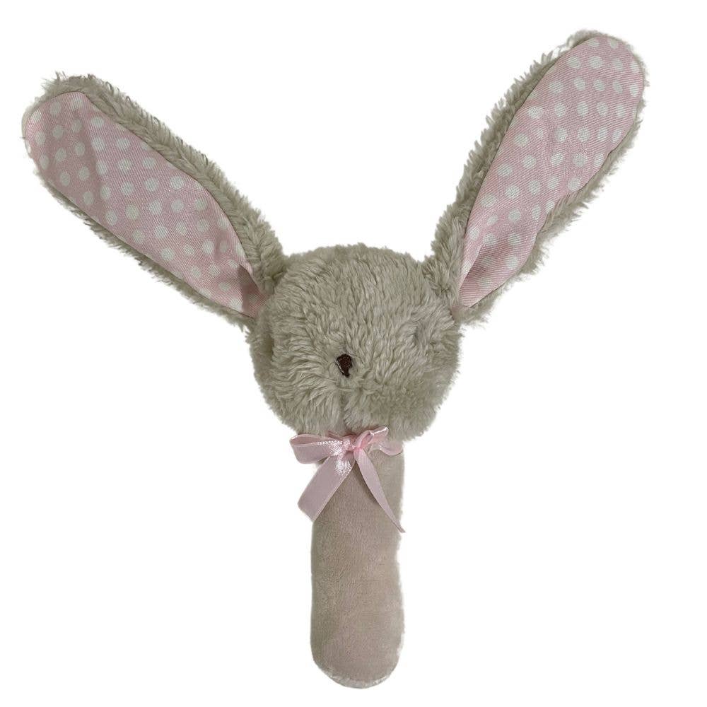 Gray plush bunny stick rattle with pink polka dot ears, perfect for Toshi Baby and baby strollers