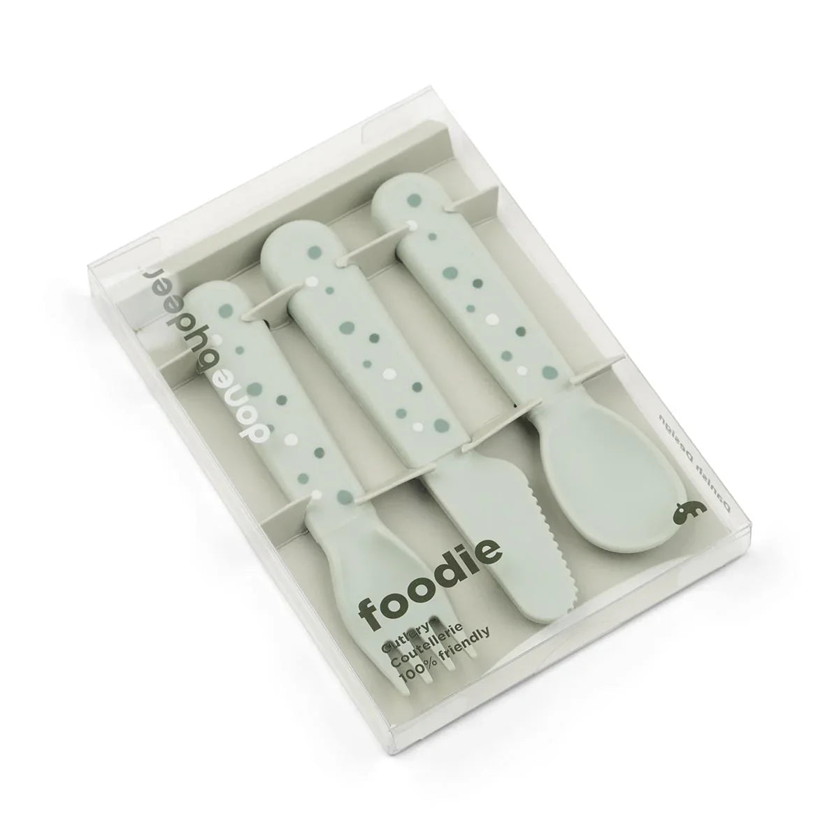 Done By Deer Foodie Cutlery Set Happy Dots GREEN in packaging, perfect for toshi baby and baby strollers