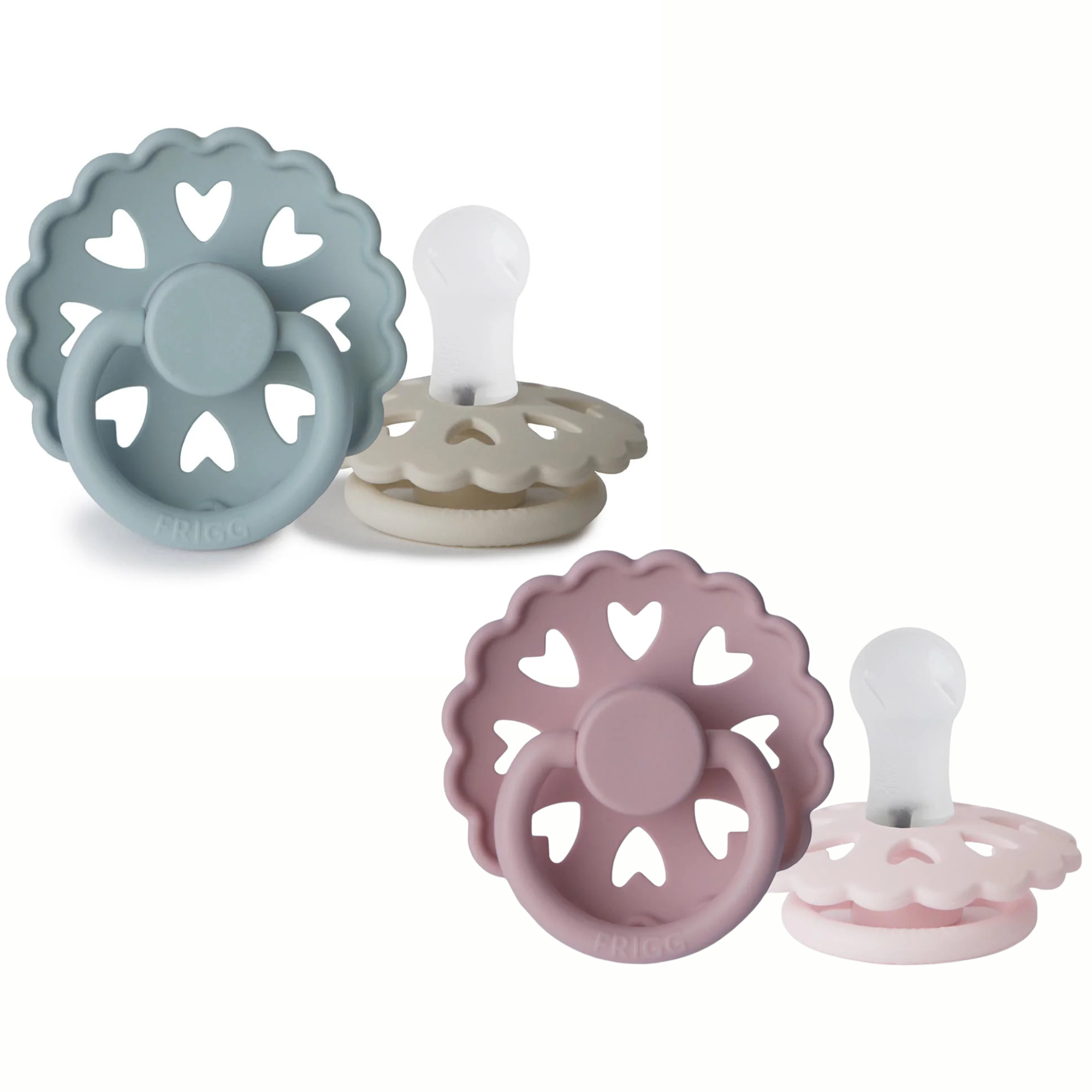 Two pairs of pastel-colored Frigg Fairytale Pacifier 2 Pack SILICONE for Toshi Baby