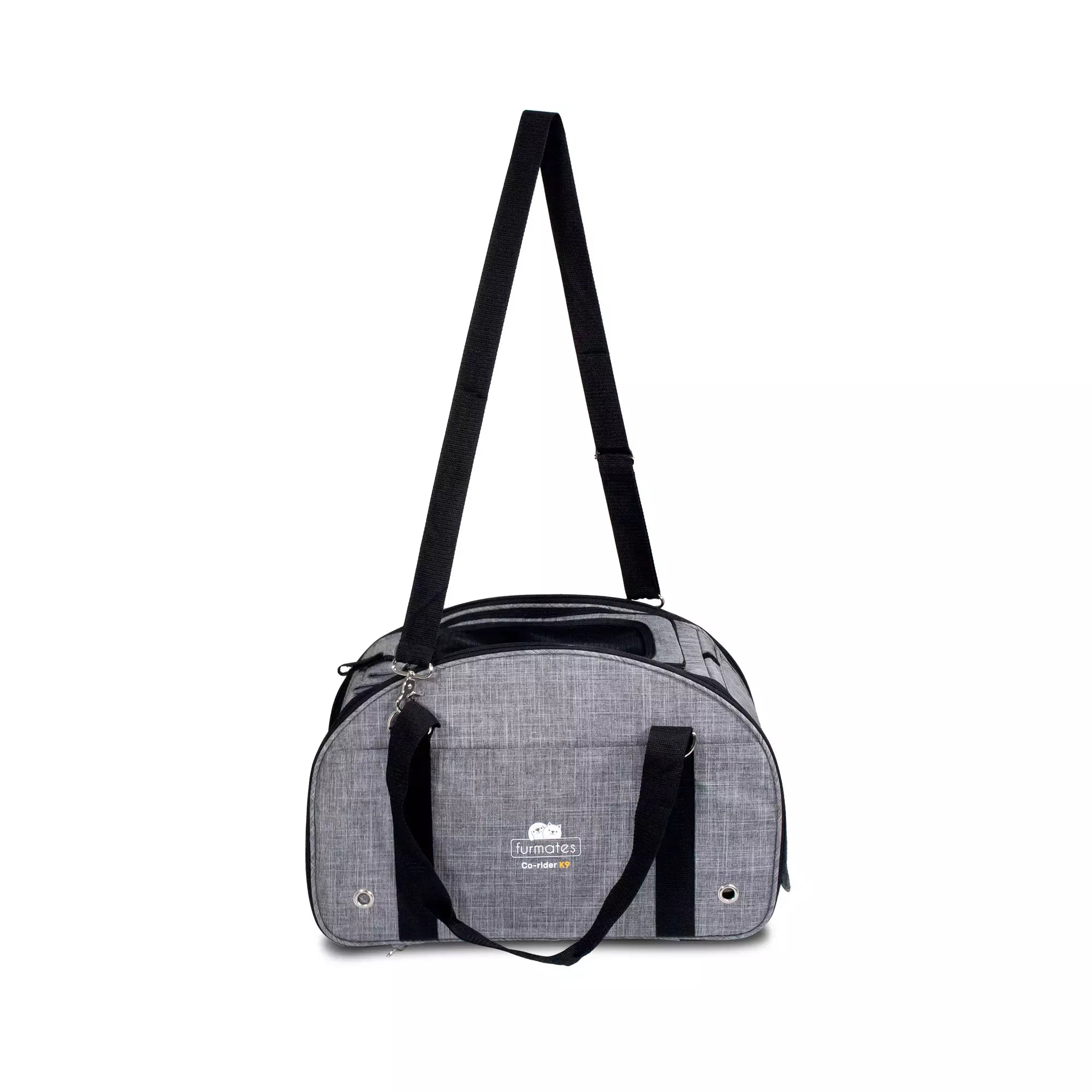 Gray pet carrier with black straps from Furmate Co-Rider K9 Pet Trailer