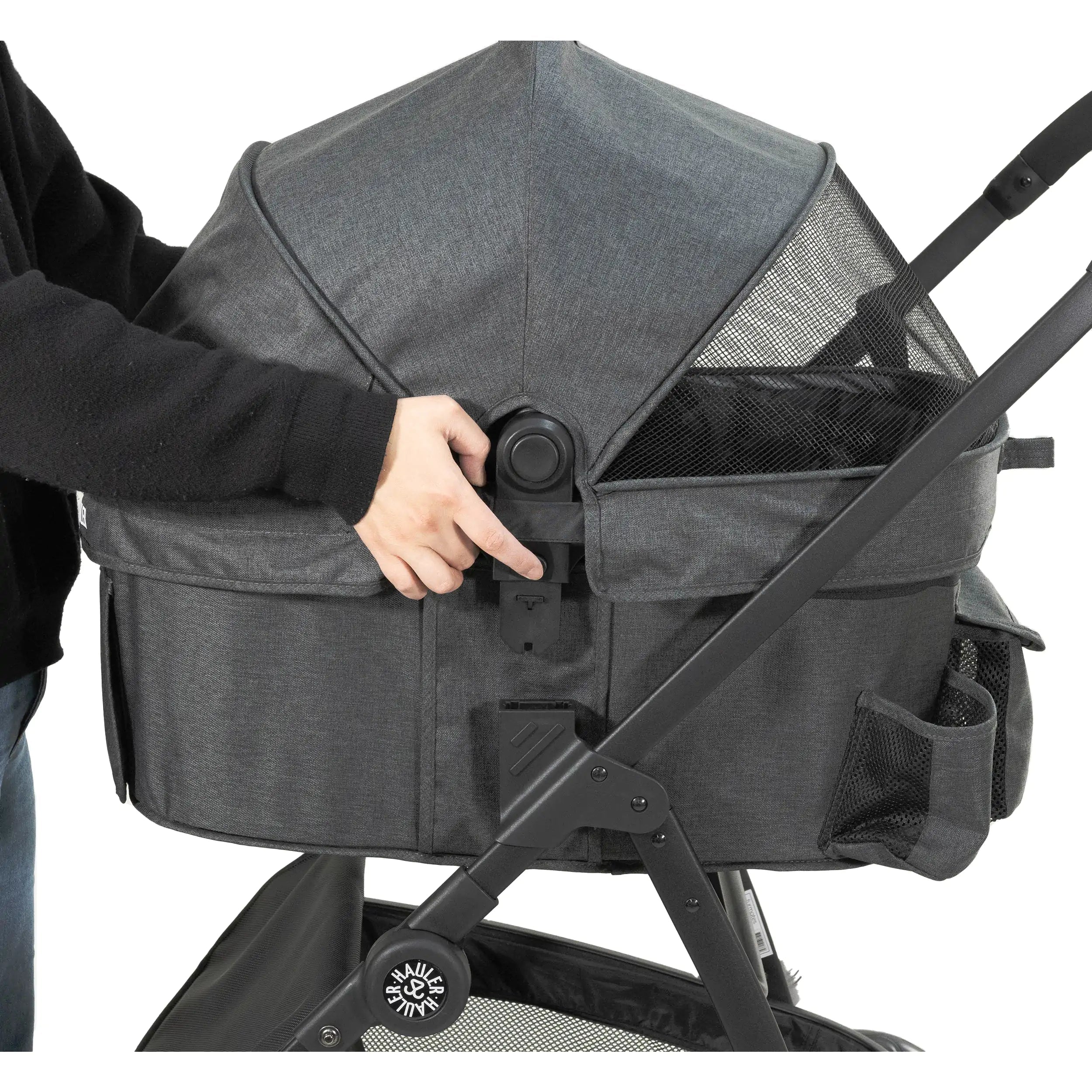 Gray Furmates Hauler Pet Stroller with adjustable canopy and handy storage pockets