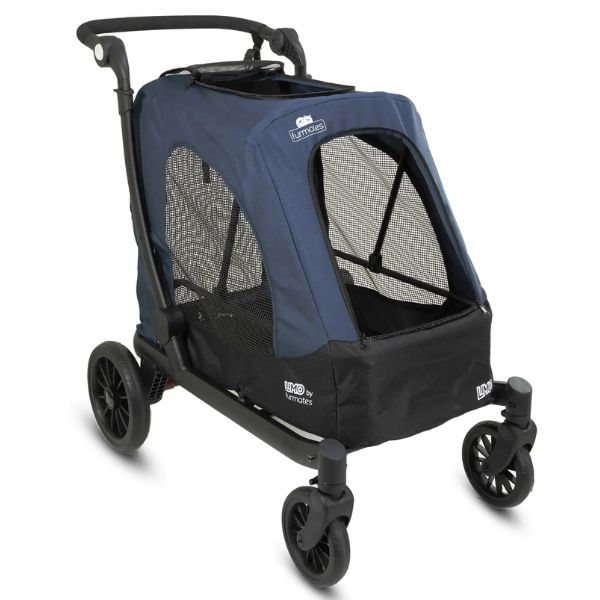 Blue and black Furmates Limo Pet Stroller with lockable swivel wheels for Toshi baby romper outings