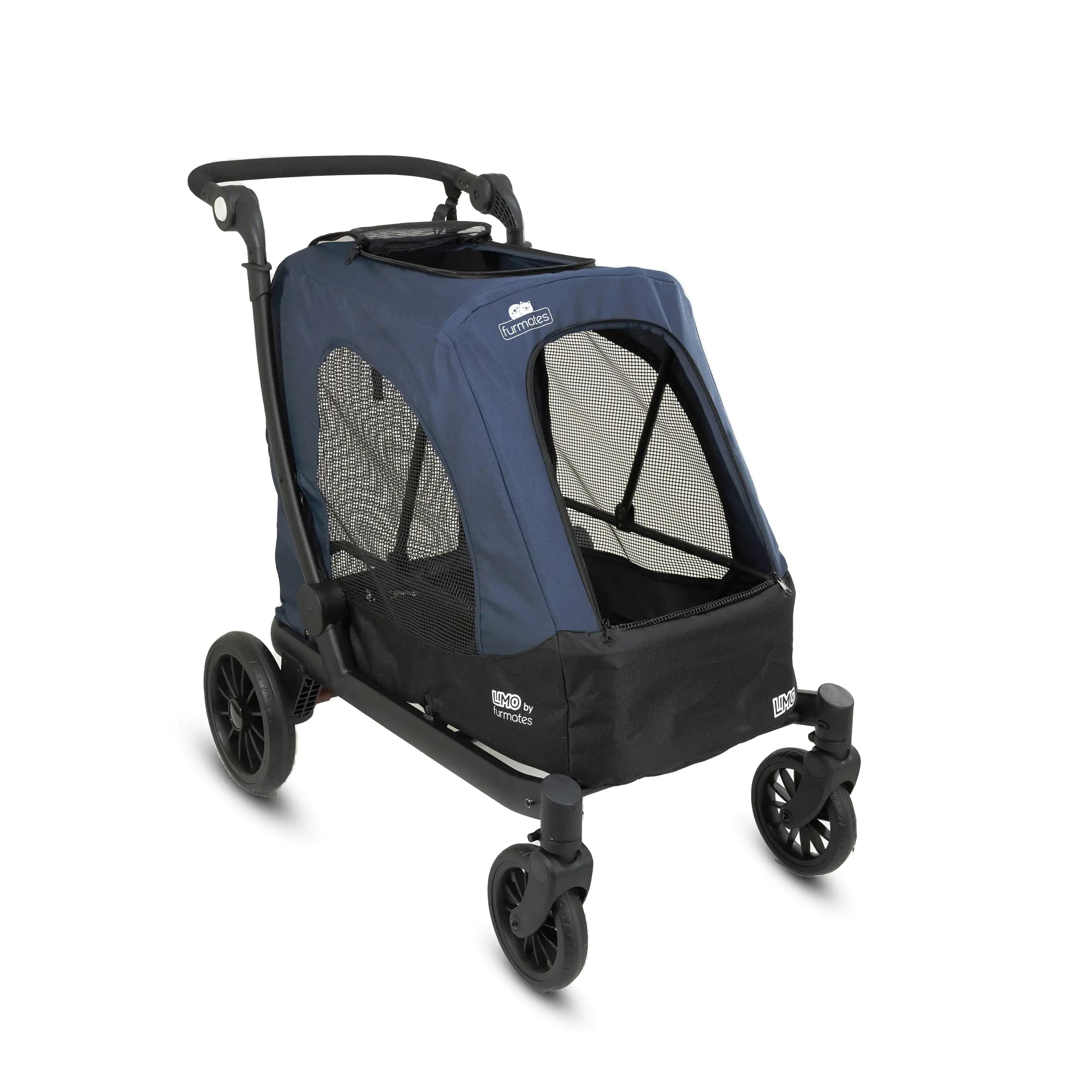 Blue and black Furmates Limo Pet Stroller with lockable swivel wheels for pets