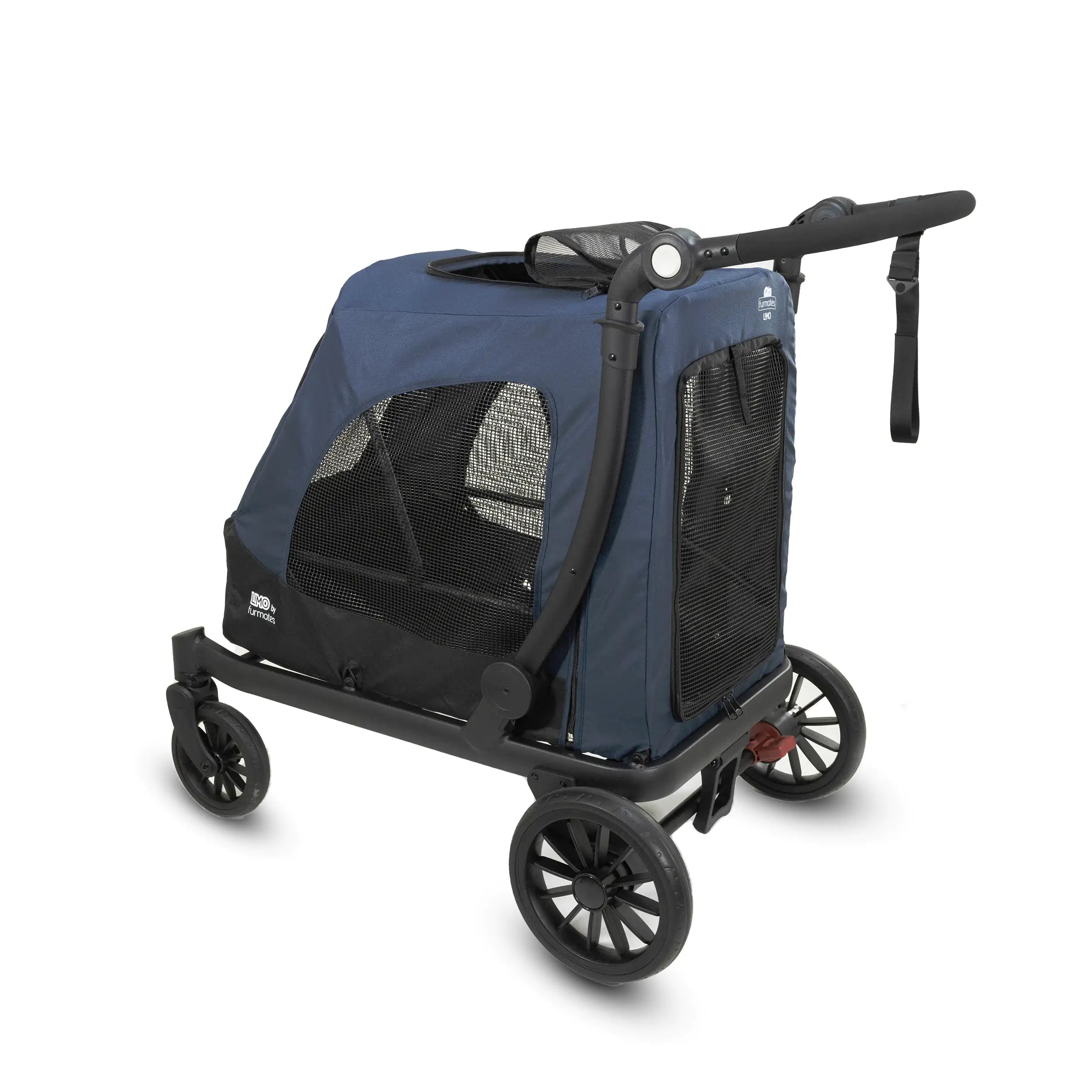 Blue and black Furmates Limo Pet Stroller with lockable swivel wheels for easy city rides