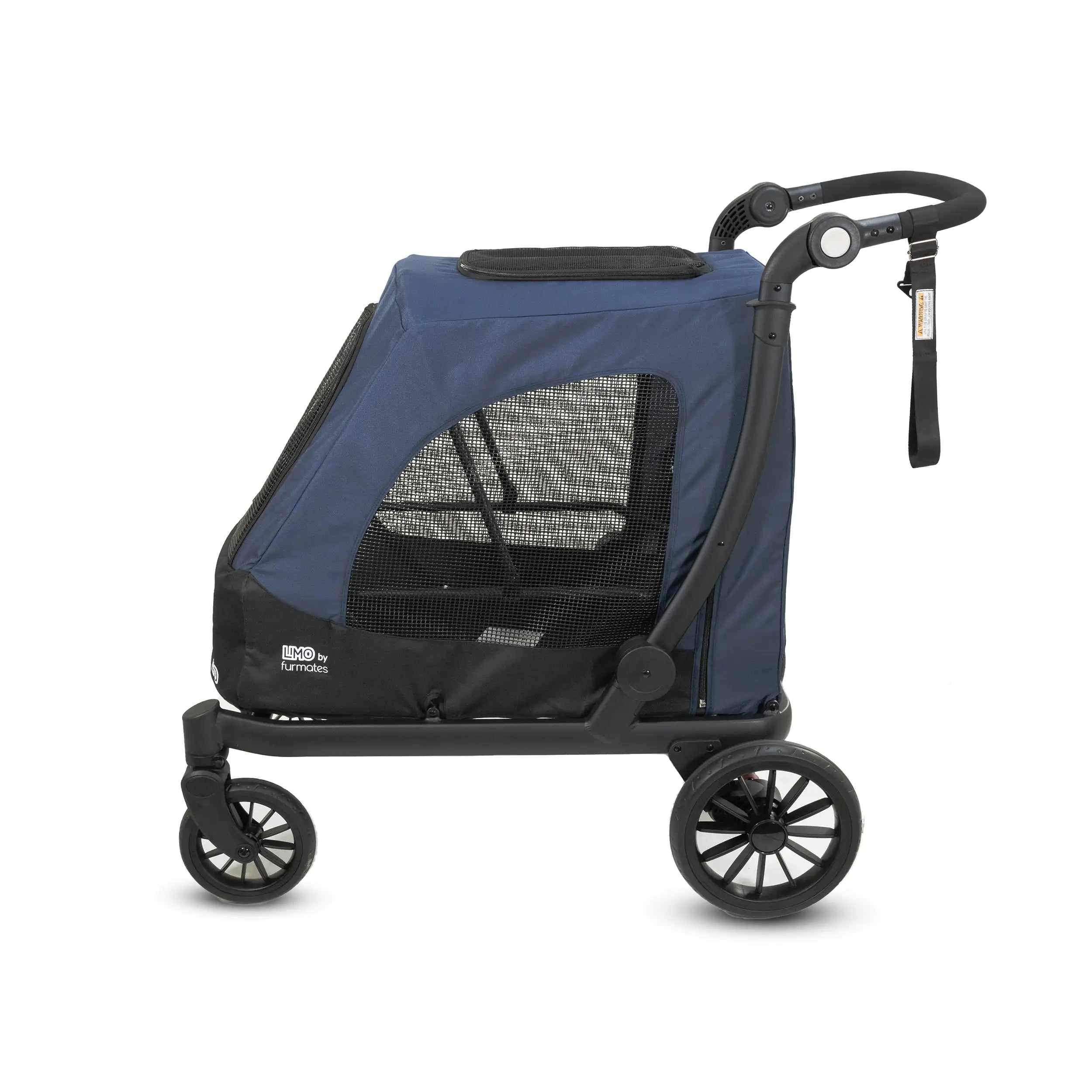 Blue Furmates Limo Pet Stroller with lockable swivel wheels for easy strolling