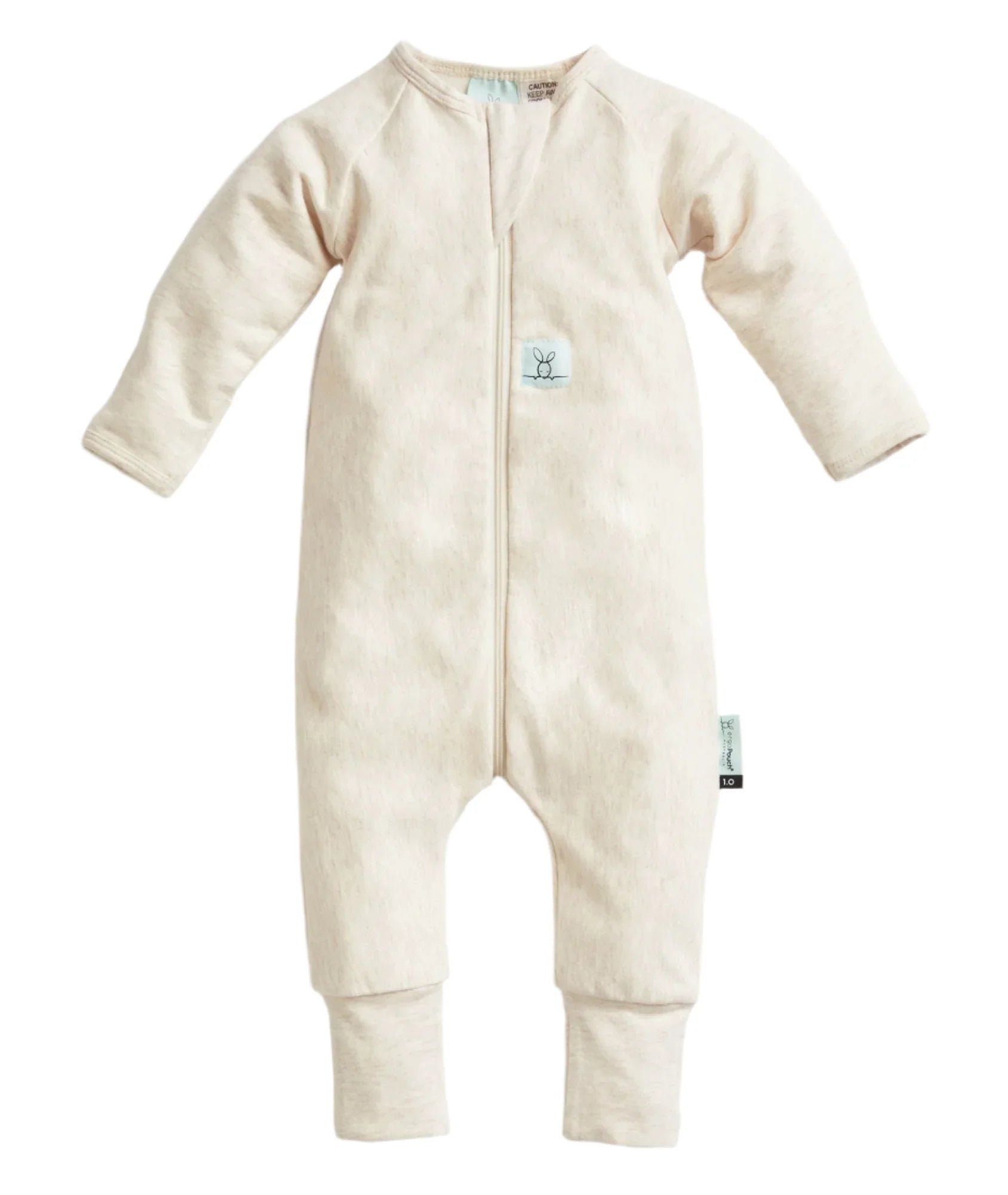 Beige Ergopouch Long Sleeve Layer 1 TOG-Oatmeal Marle baby sleepsuit with zipper