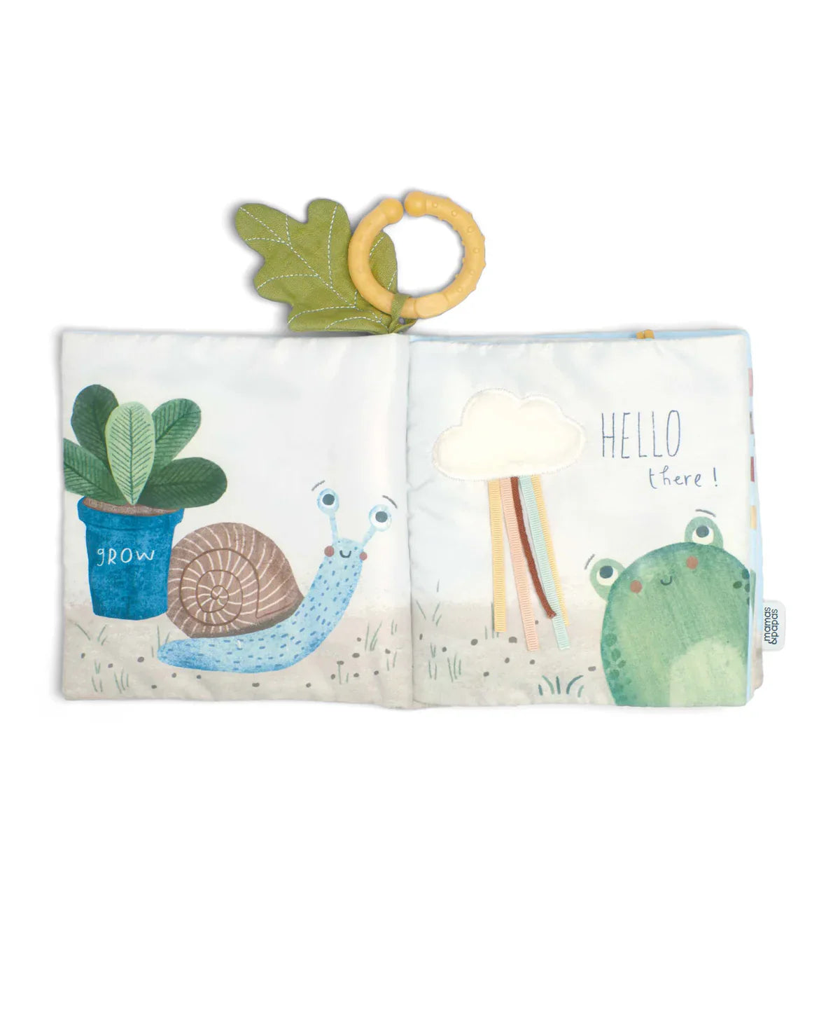 Open Mamas & Papas Grateful Garden Interactive Activity Book with animal pics and teething ring