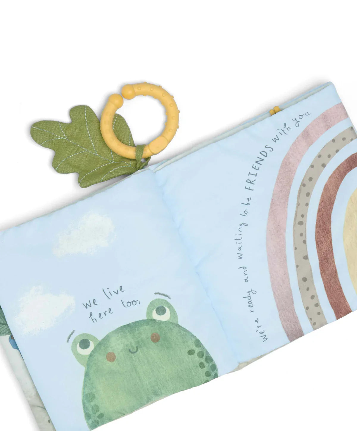 Baby soft book with frog and rainbow from Mamas & Papas Grateful Garden interactive activity book for Toshi Baby