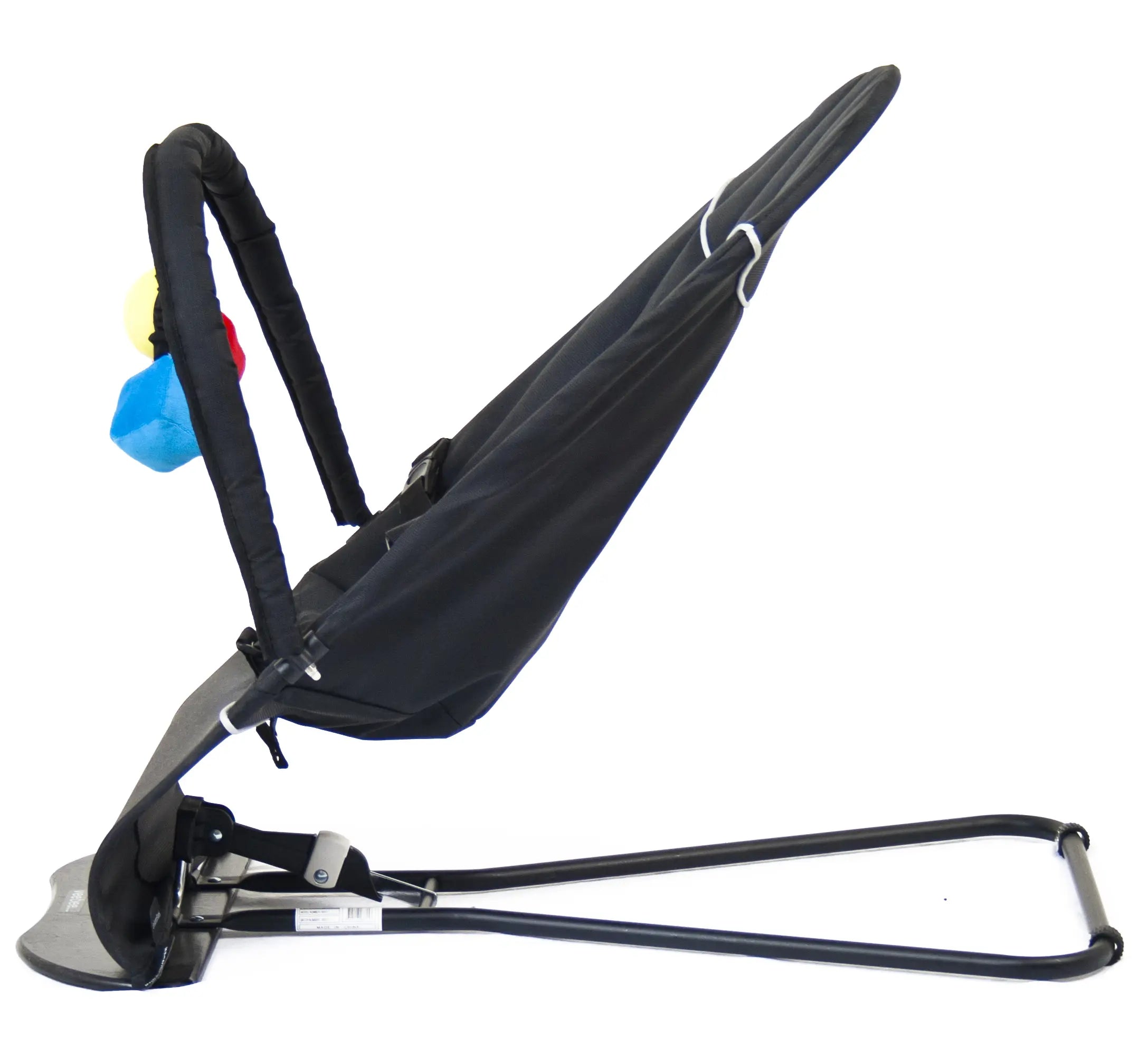 Black baby minder bouncer with toy bar for infant comfort and playtime fun