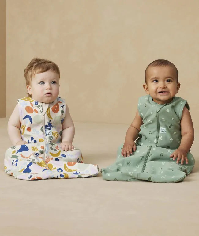 Cute babies in patterned jersey sleeping bags from Ergopouch Jersey Sleeping Bag 1.0 TOG
