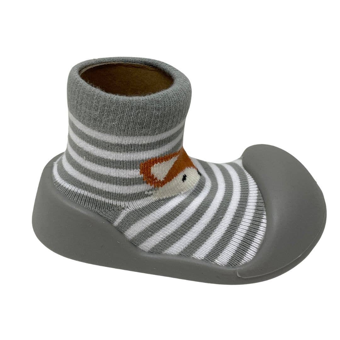 Gray and white striped baby shoe with fox design from Toshi Baby, perfect for baby strollers