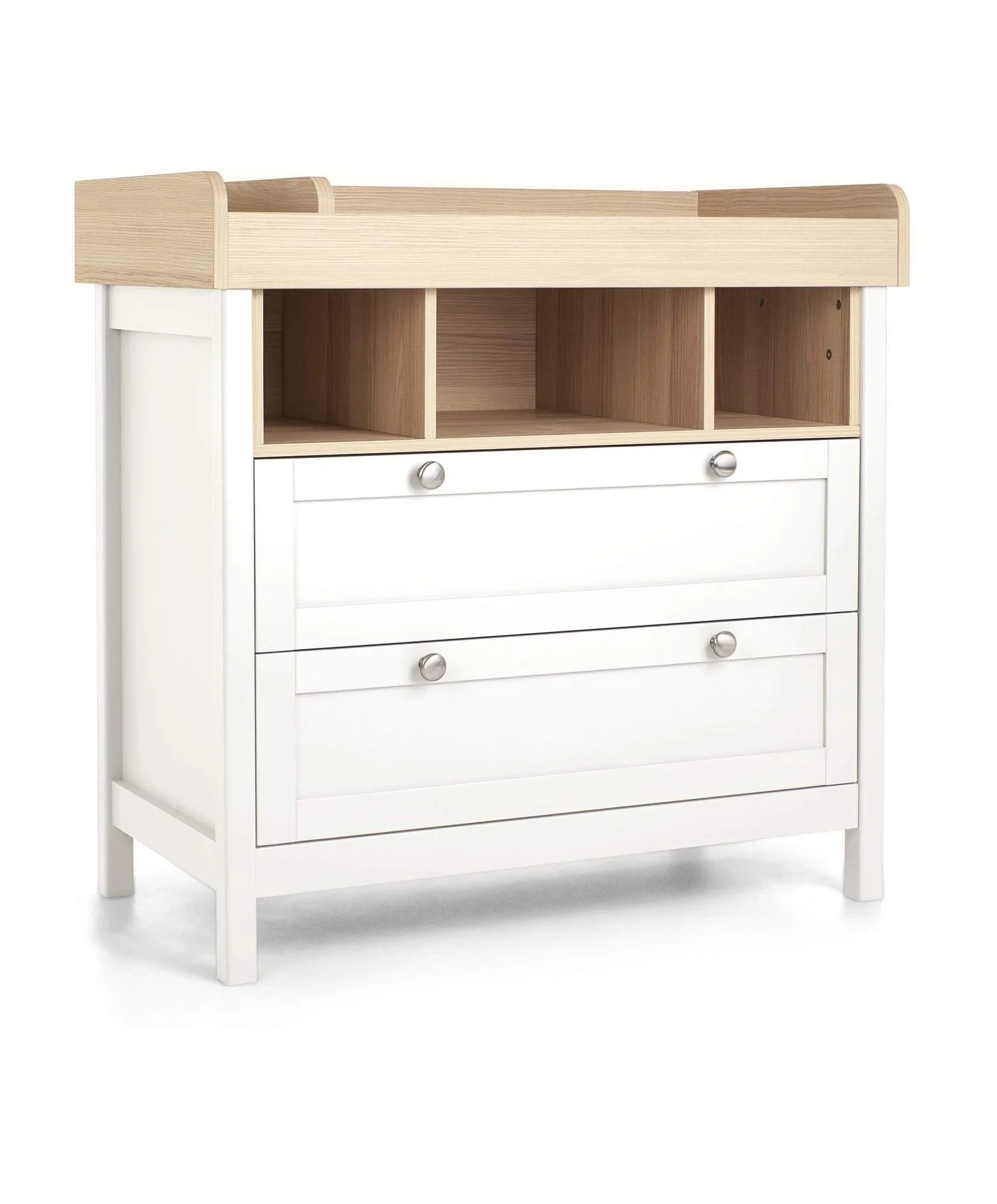 White and light wood Harwell Dresser Changer with drawers meets European safety standards for baby strollers