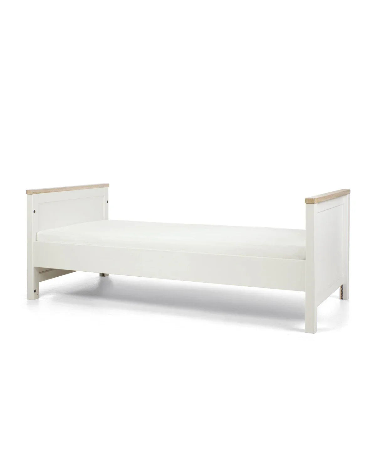 White wooden bed frame from Mamas&Papas Harwell 4 Piece Set, perfect as a toddler bed