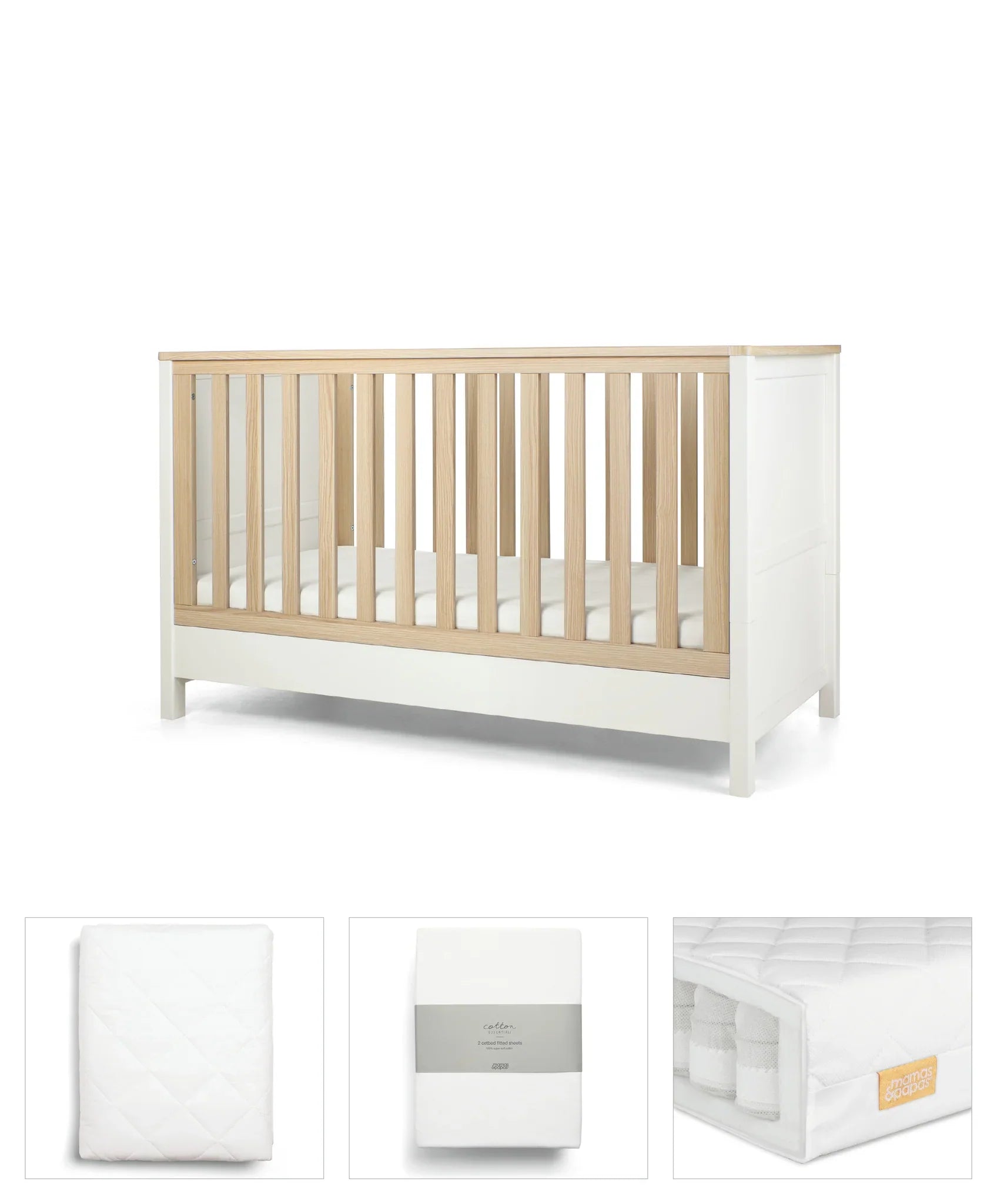 White and wood baby crib from Mamas&Papas Harwell set, perfect as a toddler bed
