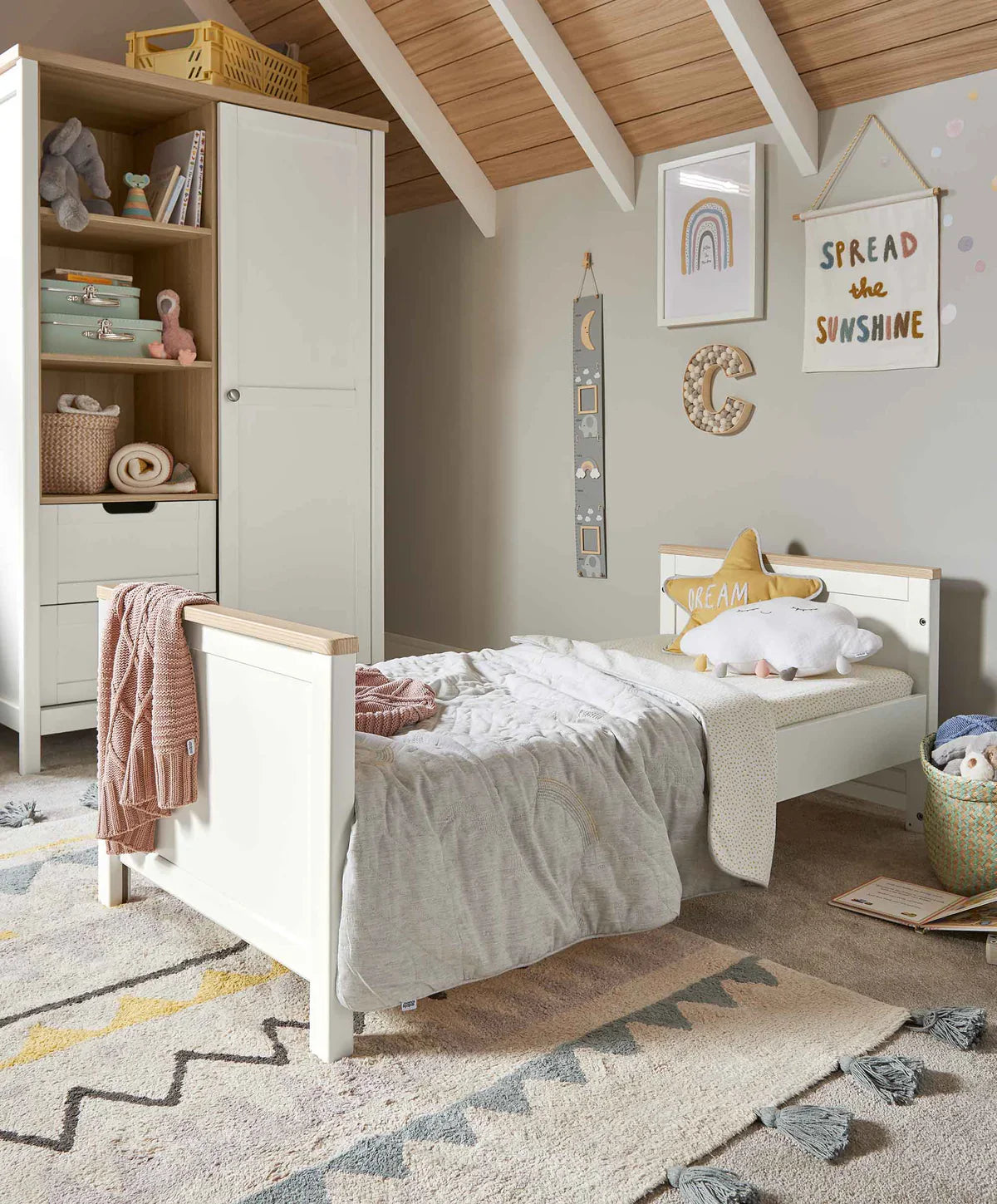 Child’s bedroom with white furniture from Mamas&Papas Harwell 4 Piece Set, perfect toddler bed style