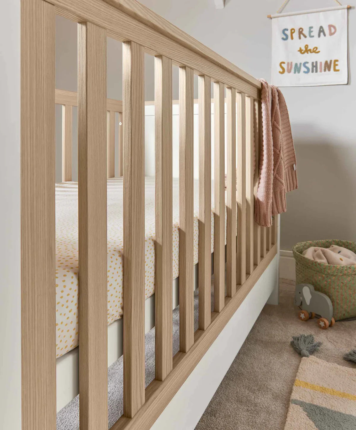 Wooden baby crib from Mamas&Papas Harwell White 4 Piece Set, perfect as cotbed or toddler bed