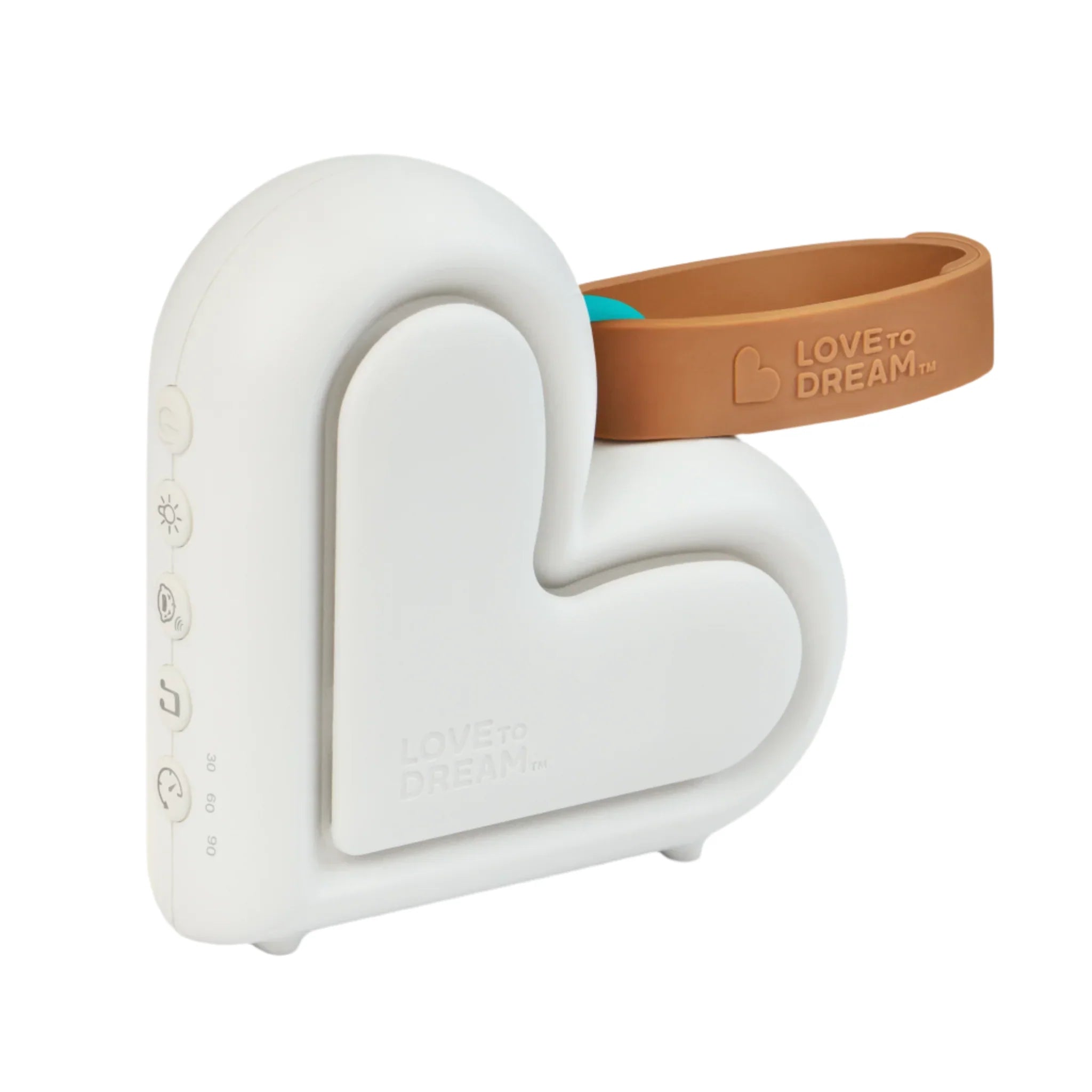 Heart-shaped white dream sleep machine with brown strap, perfect for Toshi baby romper fans