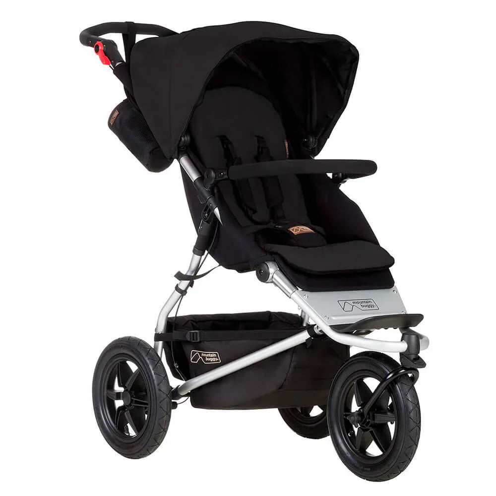 Black three-wheeled stroller from Mountain Buggy urban jungle™, toshi baby, red dot award