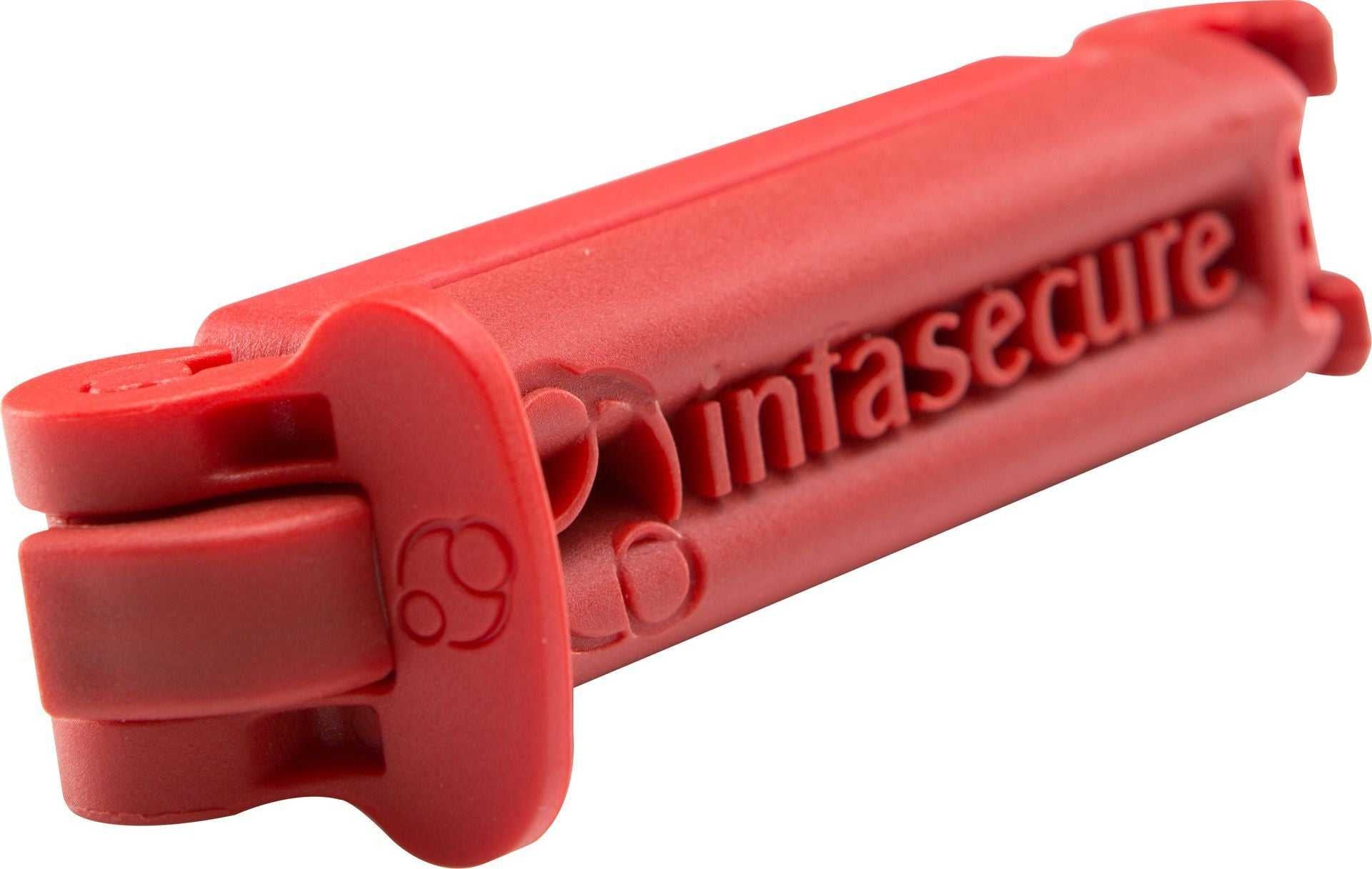 Red plastic safety lock on Infasecure SafeGrip Belt Clamp, perfect versatile accessory clip