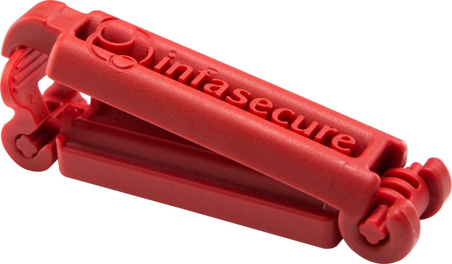 Red plastic clamp for Infasecure SafeGrip Belt on Toshi Baby Romper or baby strollers