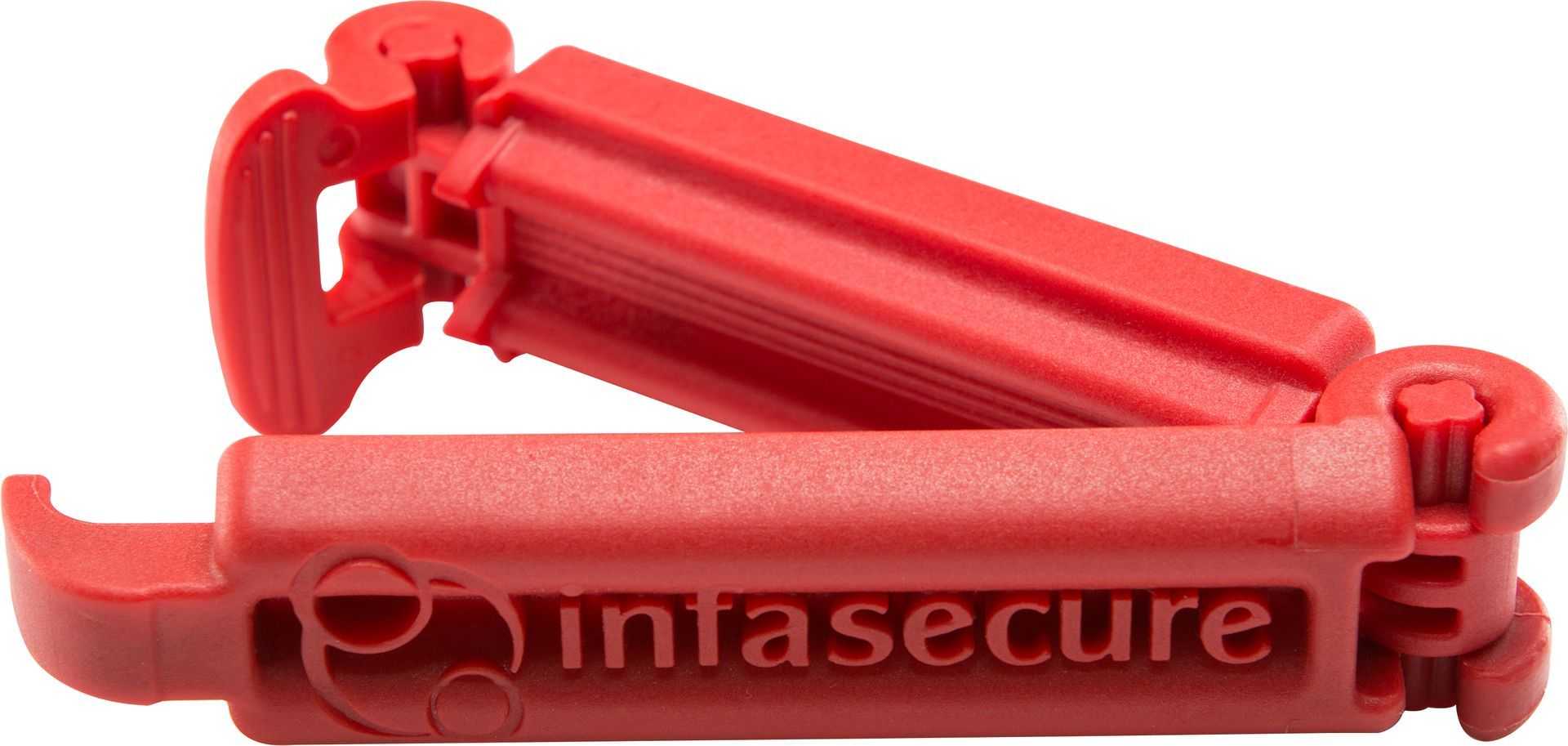 Red plastic tube squeezers on Infasecure SafeGrip Belt Clamp, versatile accessory clip