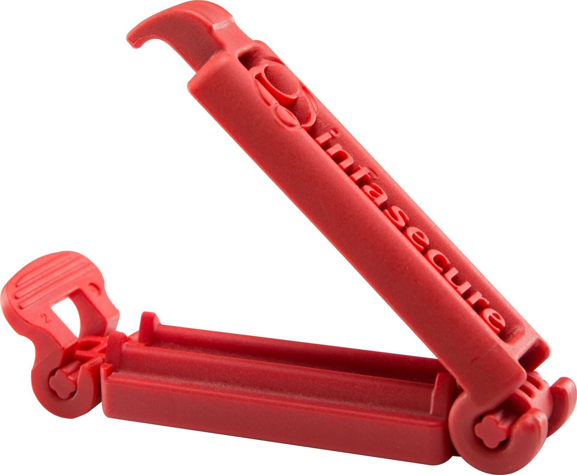 Red plastic bag clip for Infasecure SafeGrip Belt Clamp with Toshi Baby Romper and baby strollers