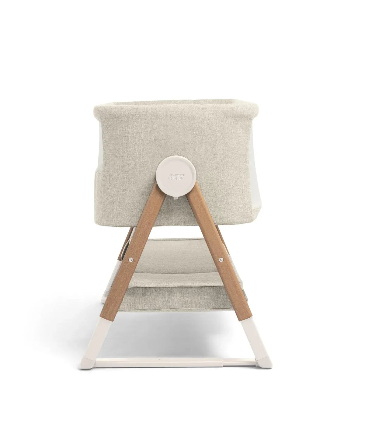 Beige Lua Bedside Crib with wooden A-frame stand for bare mum postpartum comfort