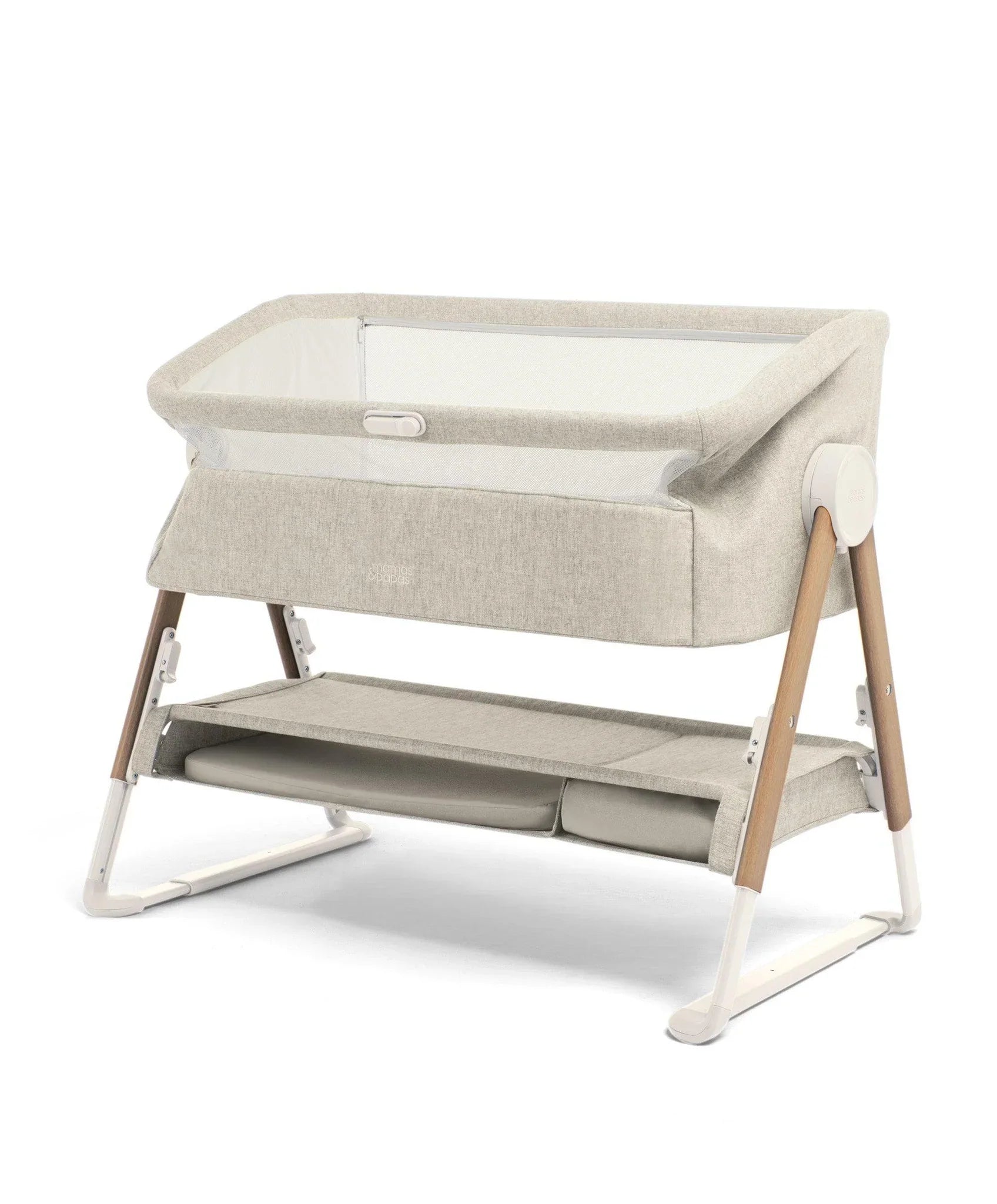 Beige Lua bedside crib with storage shelf for bare mum postpartum moments