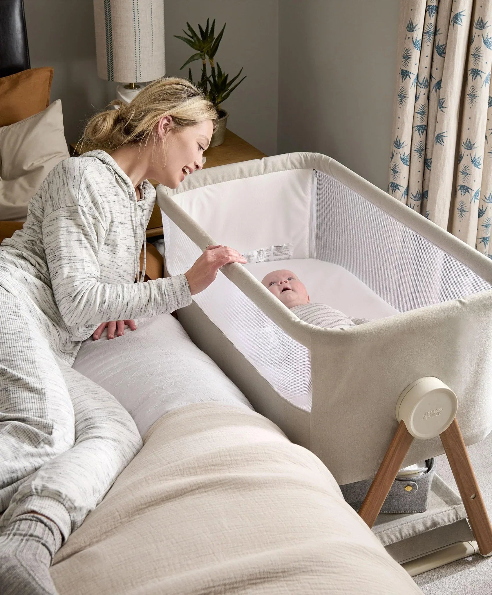 Beige Lua Bedside Crib by Mamas & Papas, perfect for baby strollers and sleeping close
