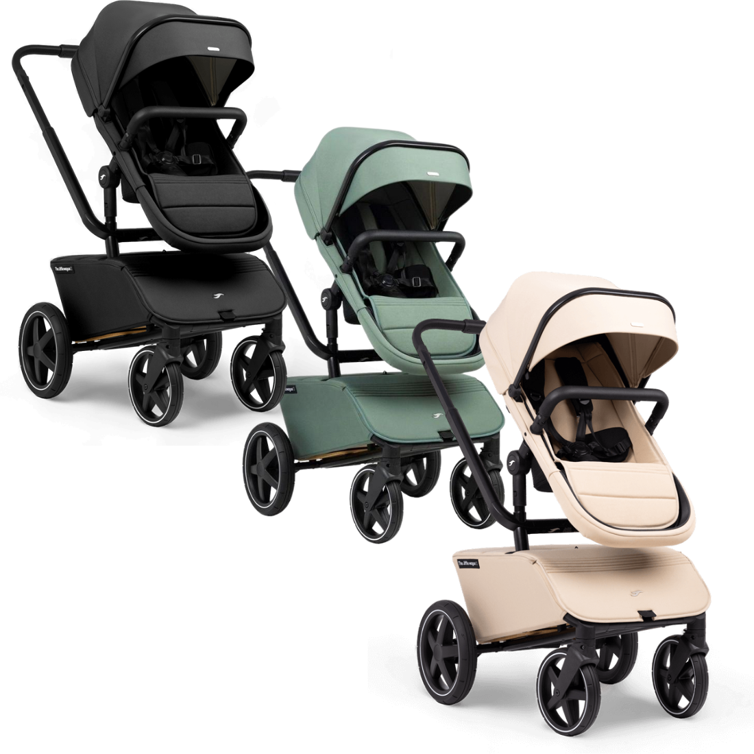Three modern baby strollers on display with Jiffle Wagon 6 in 1 Wagon Cart