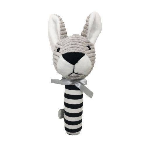 Gray and white striped rabbit rattle from Kangaroo Stick Rattle line perfect with Toshi Baby Romper and baby strollers
