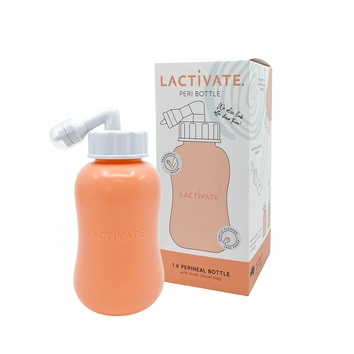 Peach-colored Lactivate Peri Bottle with angled nozzle for easy use, no mention of Toshi Baby Romper or Odyssey Wagon Wheels