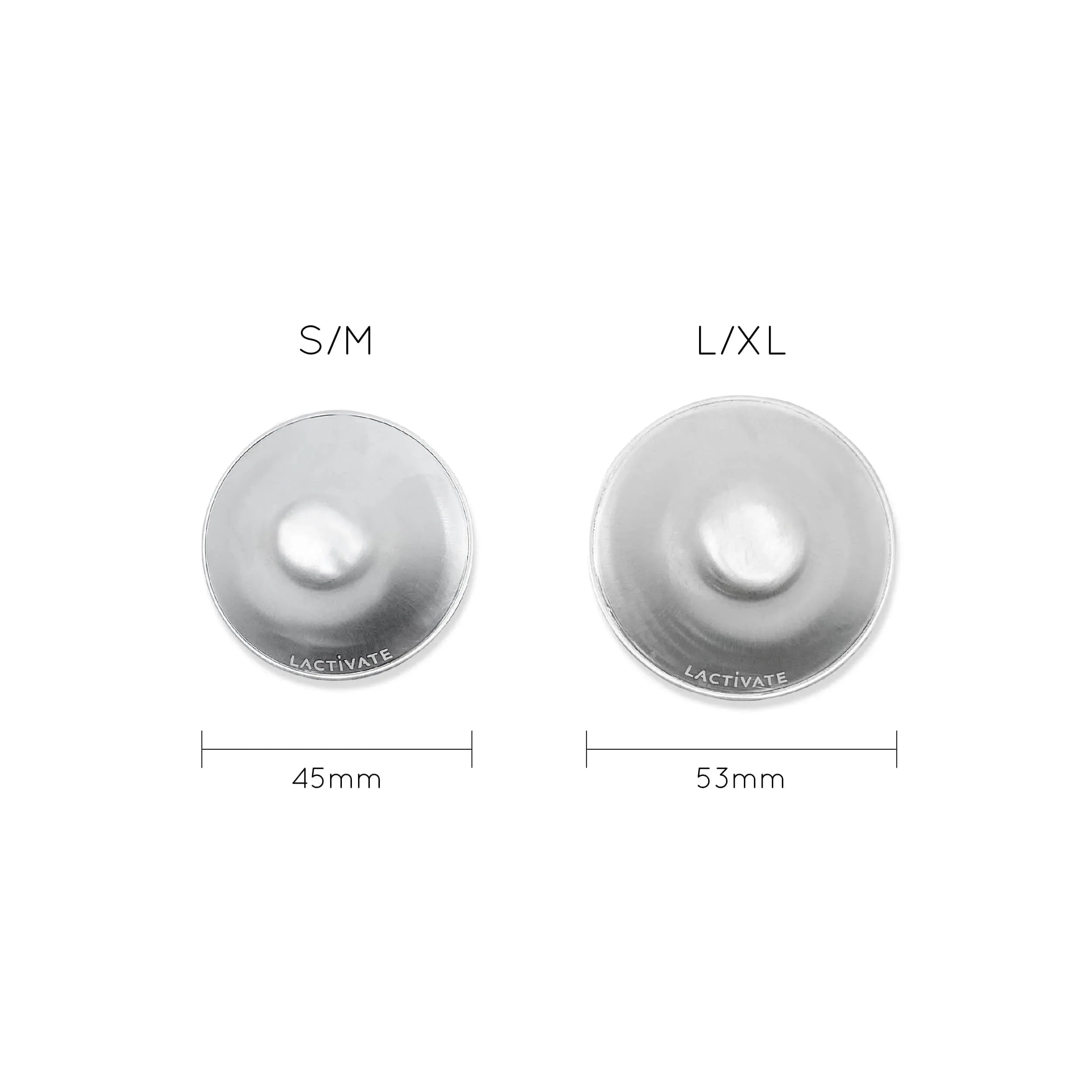Two silver lactivate nursing cups with size labels for healing sore nipples Toshi Baby