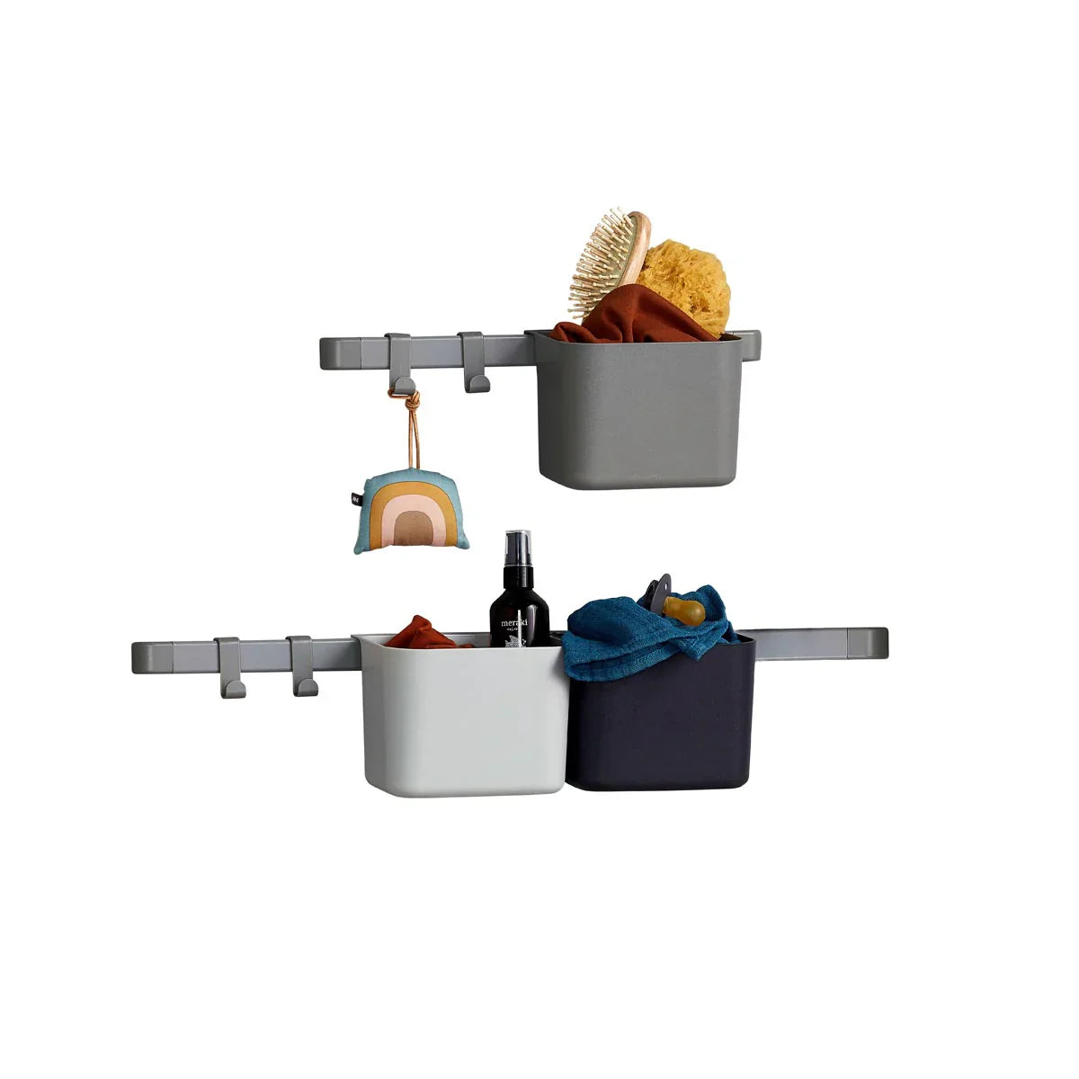 Wall-mounted storage system with Leander 3 Piece Double Rod for baby strollers and accessories