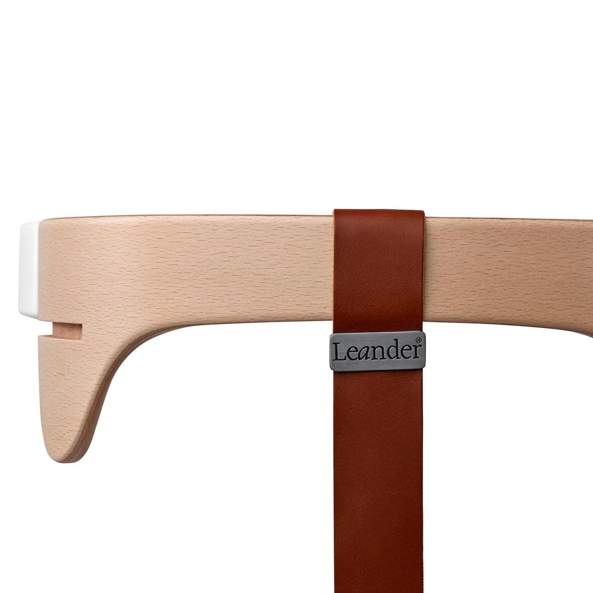 Wooden chair component with leather strap for Leander Chair Safety Bar, perfect for baby strollers