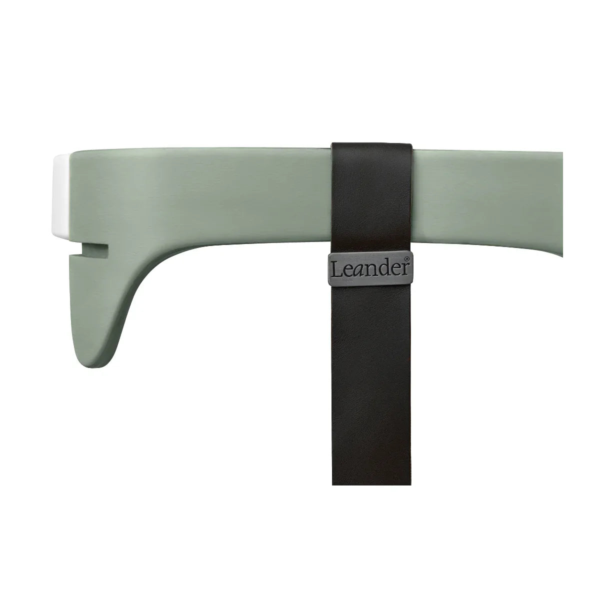 Green and white shelf with black strap on Leander Chair Safety Bar for baby strollers