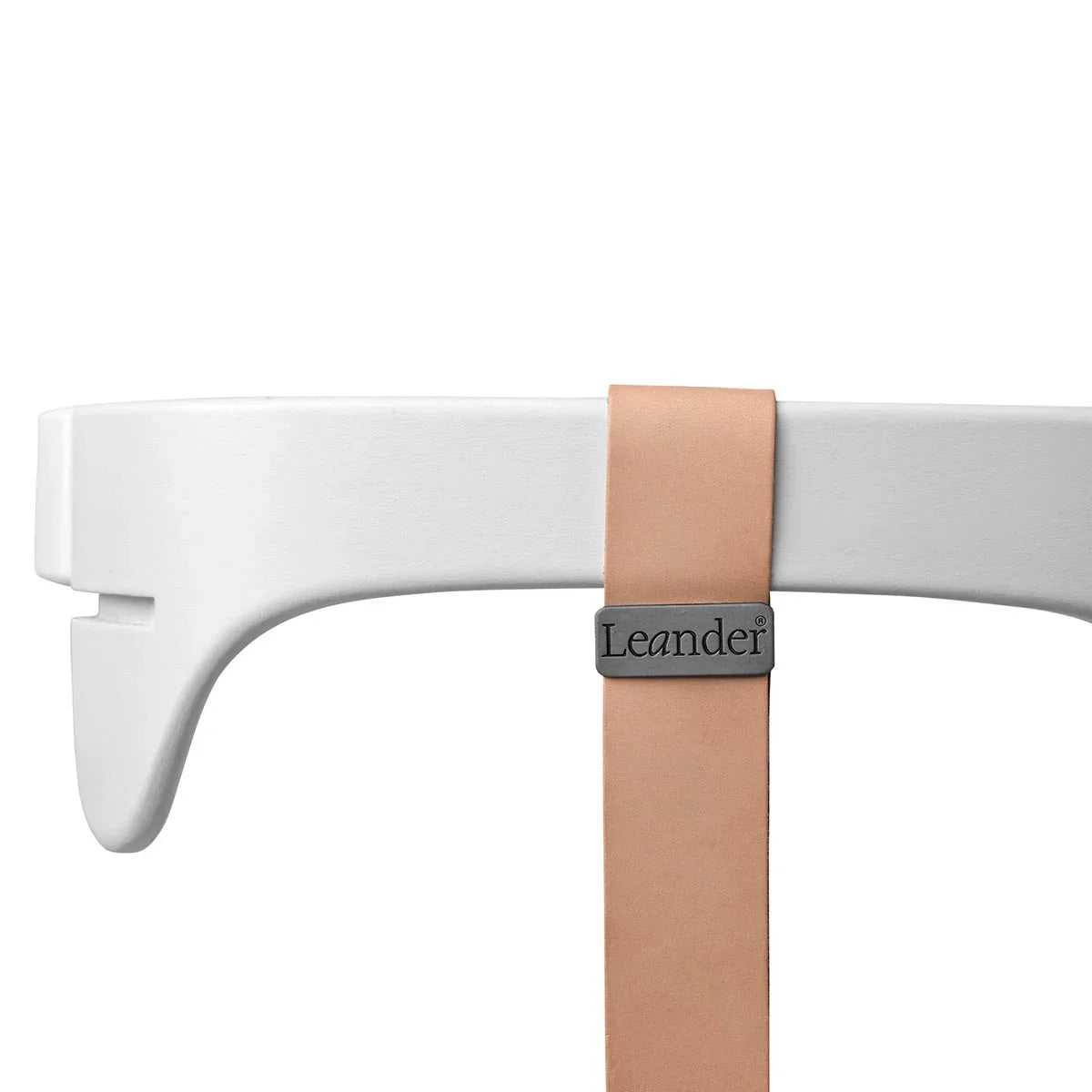 White Leander Chair Safety Bar with leather strap for baby strollers and comfort
