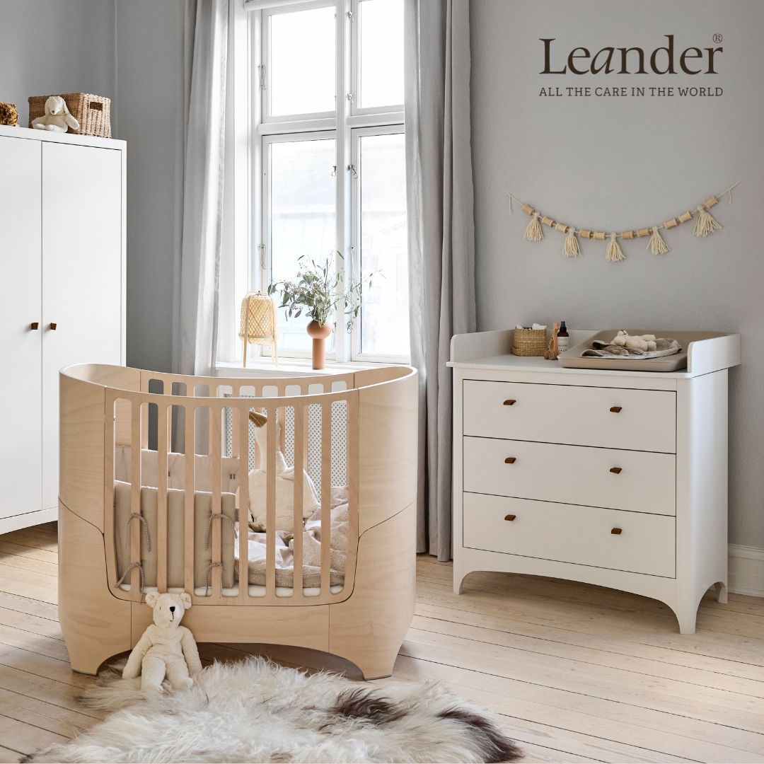 Modern wooden baby crib from Leander Classic Cot with premium mattress bonus and baby strollers
