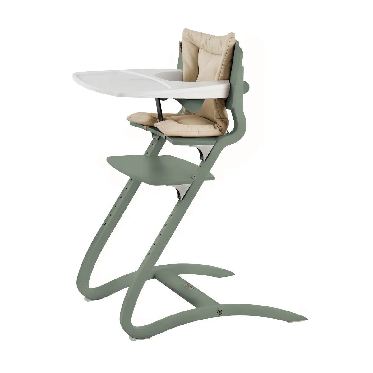 Green Leander Classic High Chair with beige organic cushion and white tray for Toshi Baby