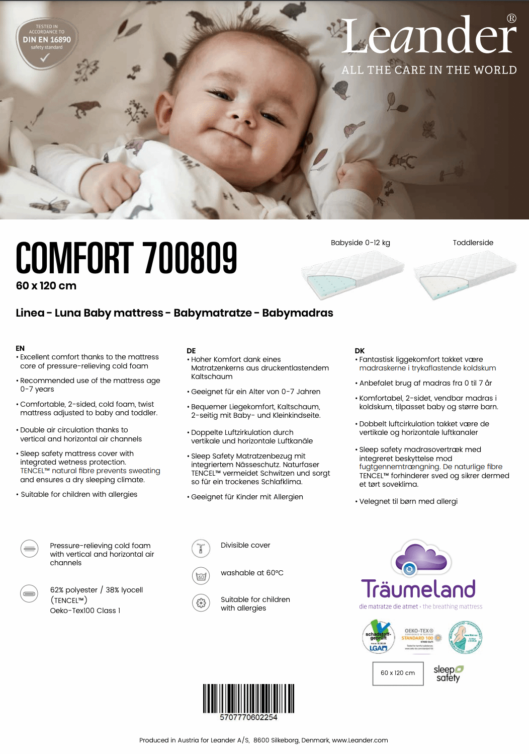 Baby mattress for Leander Linea Cot, comfy sleep for your little one